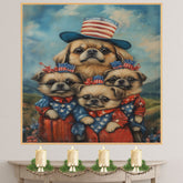 Adorable Pekingese Dogs in Patriotic Outfits Celebrating Fourth of July with American Flag Hats and Starry Dresses on Ready to Hang 1.5" Thick Canvas Wrap, Floating Framed Canvas, Flat Rolled Canvas